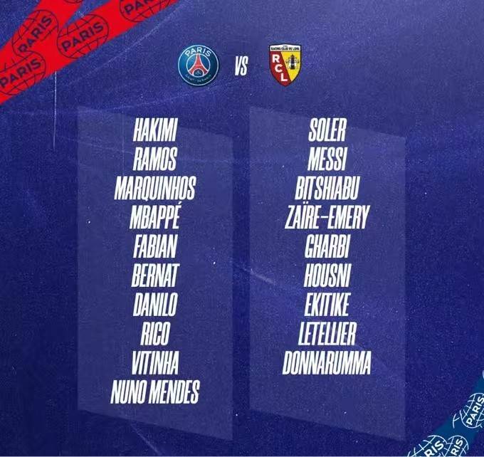 巴黎公布本轮联赛大名单:梅西领衔 维拉蒂缺席 多名年轻球员入选